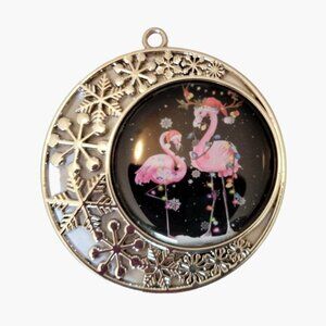 Pink Flamingo Snowflake Christmas Ornament Santa Hat Silver Metal Meadallion